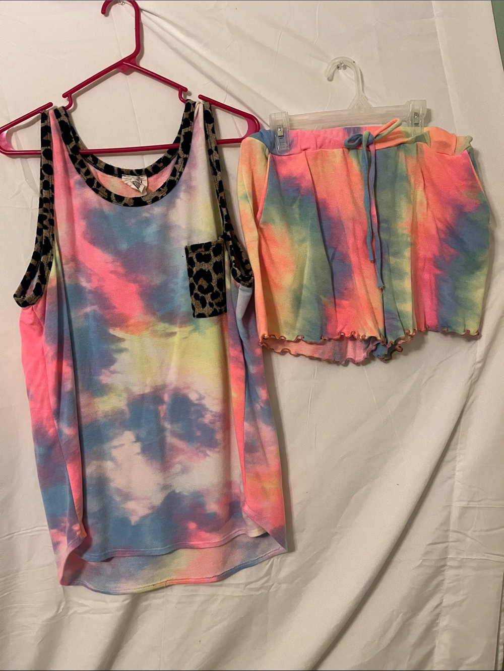 BiBi Pastel Rainbow Tie-Dye Muscle Tank & Shorts Set with Leopard Trim